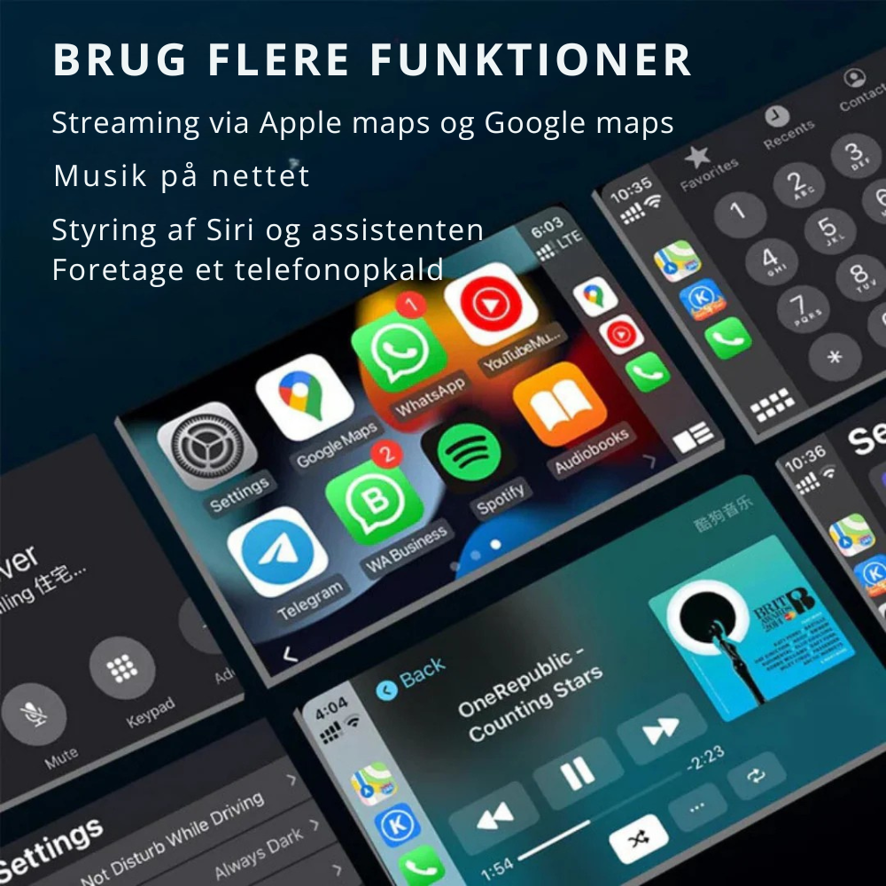 EasyCarPlay™ | Trådløs Apple CarPlay & Android Auto | USB-A & USB-C